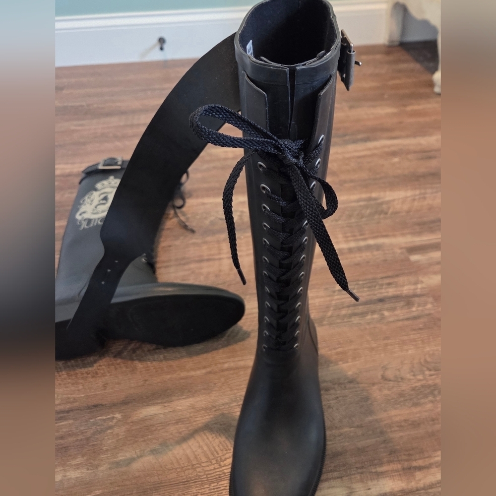 Juicy Couture Black Rain Boots Lace Up Buckle Logo Crown US 8 - Picture 9 of 15